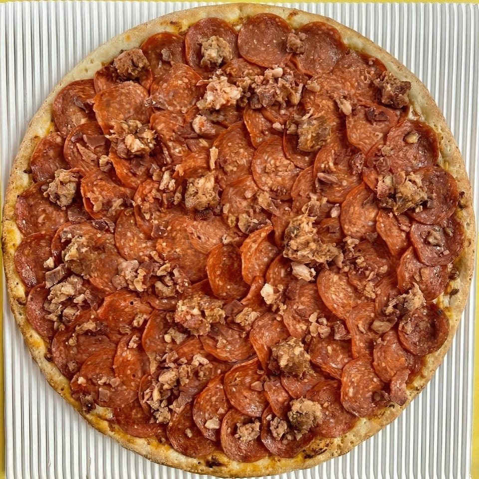 A whole pepperoni and sausage pizza, viewed from directly above, on a white and yellow striped surface.