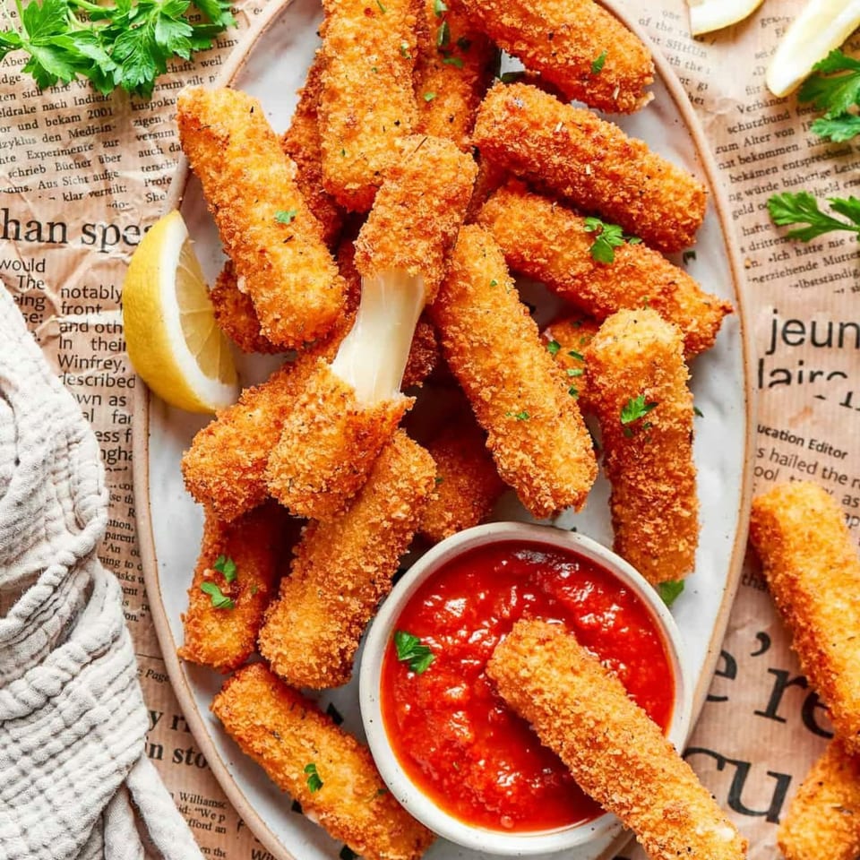 Golden-brown mozzarella sticks with stringy cheese, served with a side of red marinara sauce and lemon.