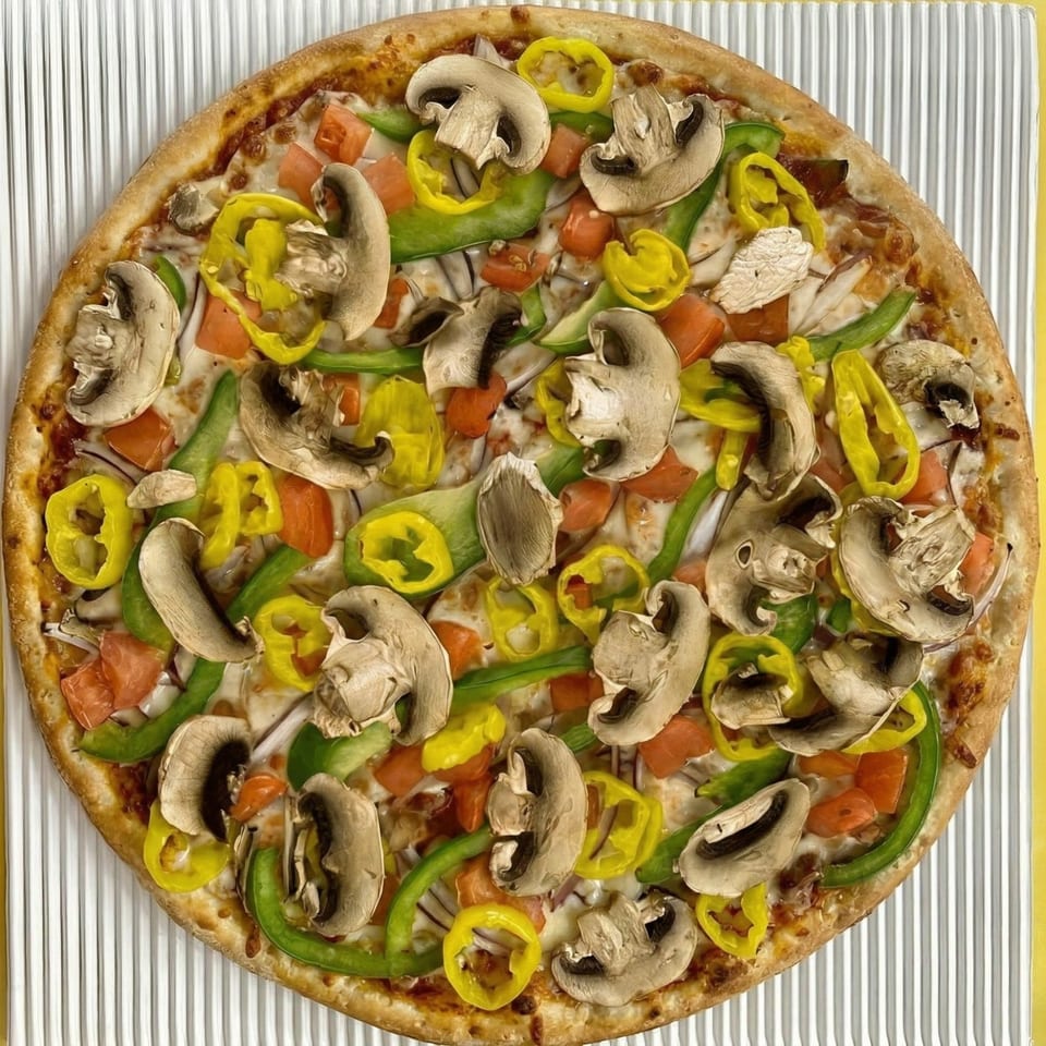 A whole pizza topped with mushrooms, green peppers, yellow peppers, and diced tomatoes.